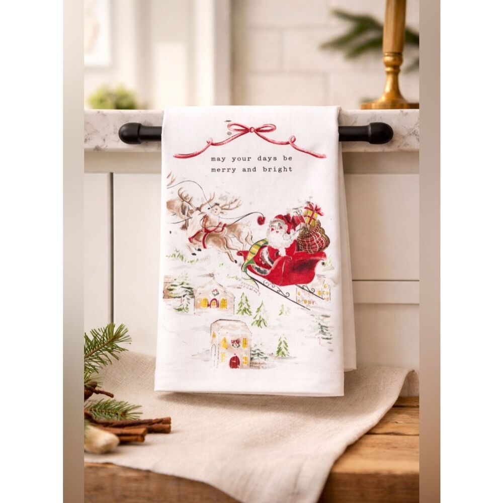 NWT Mudpie May Your Day Be Merry & Bright Santa Sleigh Printed Kitchen Towel